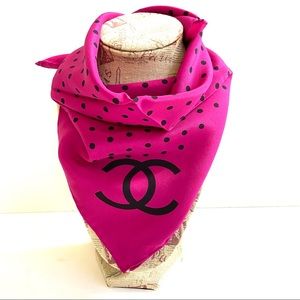 CHANEL SILK SCARF POLKA DOT CLASSIC CC LOGO pink